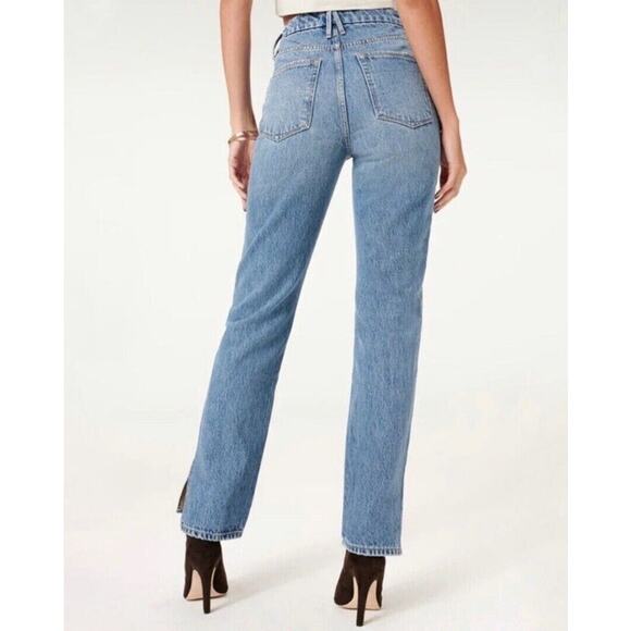 NWT GOOD AMERICAN JEANS 27 GOOD BOY BOYFRIEND ANKLE SLIT HIGH RISE BLUE GB999TFT - Picture 2 of 9